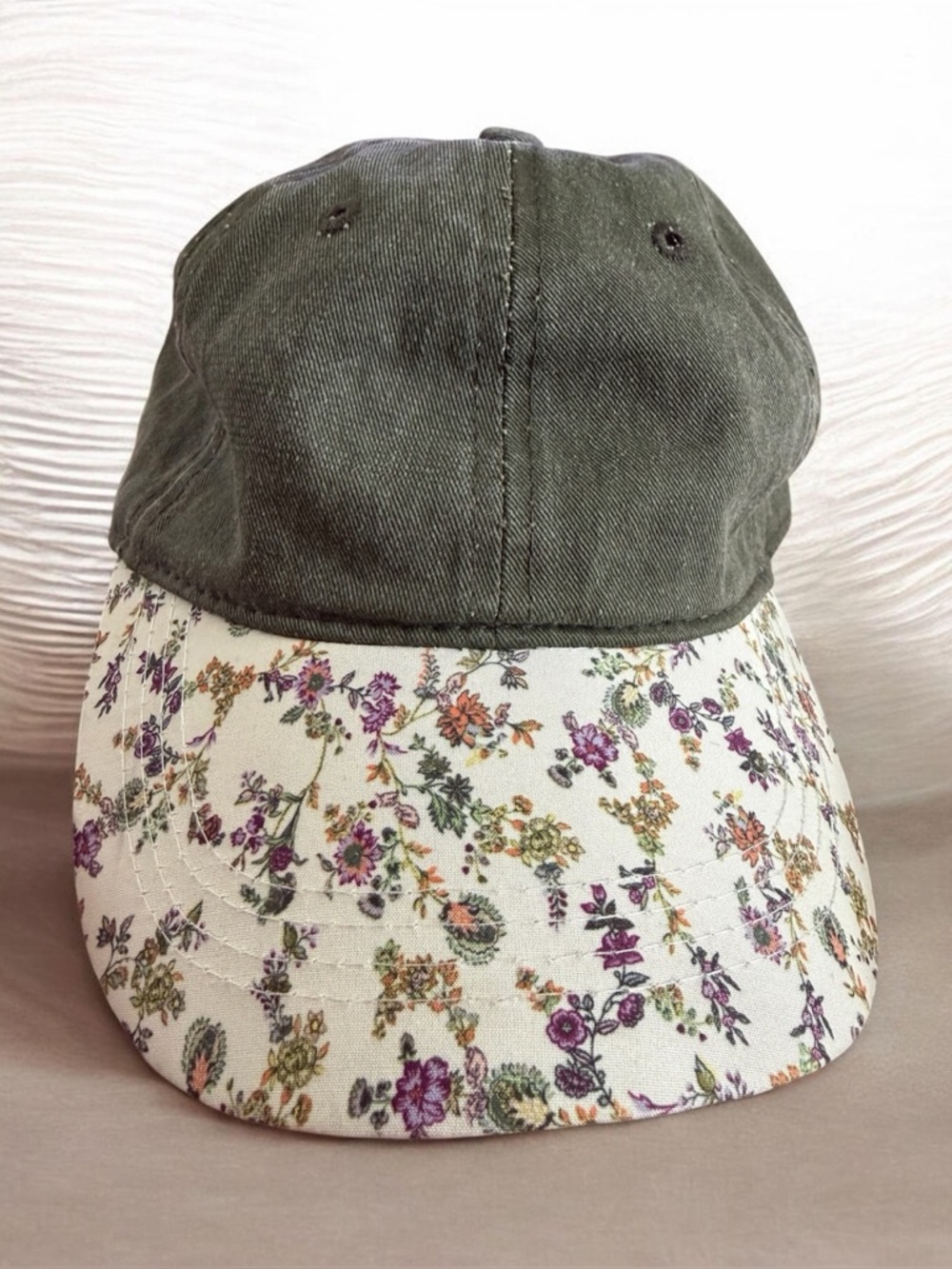 Anthropologie Olive Green Cap with Cream Floral Brim